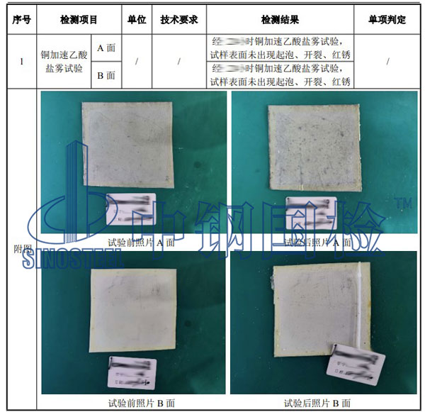 銅加速乙酸鹽霧試驗項目結果